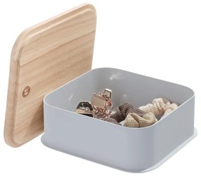 Sivý úložný box s vekom z dreva paulownia iDesign Eco, 21,3 x 21,3 cm