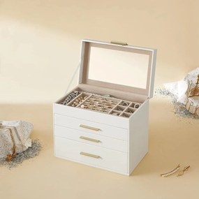 Šperkovnica 4-úrovňová, so skleneným vekom a 3 zásuvkami, biela a zlatá