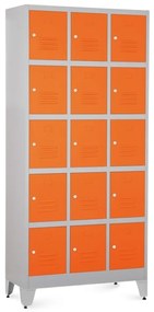 Kovová šatníková skrinka - 15 boxov, 90 x 40 x 196,5 cm, nastaviteľné nôžky, cylindrický zámok, oranžová - ral 2004