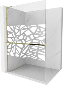 Mexen Kioto+ L, sprchová zástena Walk-In s poličkou a vešiakom 70 x 200 cm, 8mm číre sklo biely vzor, zlatý lesklý profil,800-070-123-50-85