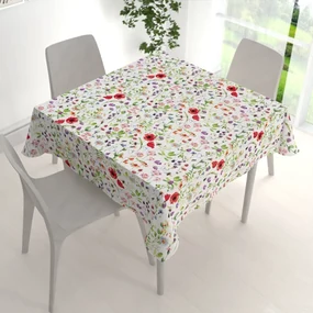 Biante Bavlnený štvorcový obrus Sandra SA-608 Červeno-fialové lúčne kvety s motýlikmi a čmeliakmi na bielom 100x100 cm