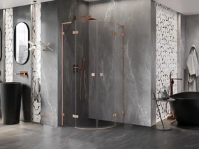 Mexen Lunar, L polkruhový výklopný sprchový kút 90 x 90 cm, 8mm číre sklo, profil medená matná, 833L-090L-090P-65-00