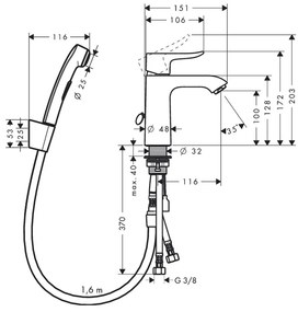 Hansgrohe Metris New, umývadlová batéria s ručnou sprchou Bidette, s výpusťou, chrómová, HAN-31285000