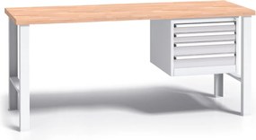 Pracovný stôl do dielne G3 so závesným boxom na náradie, buková škárovka, 4 zásuvky, pevné kovové nohy, 1700 mm, sivá