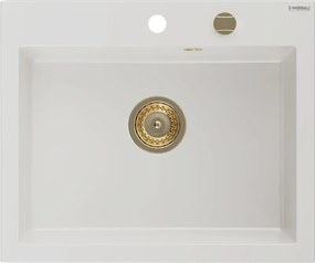 Mexen Elix granitový drez, 1-komorový, 600 x 500 mm, biely, zlatý sifón - 6525601005-20-G