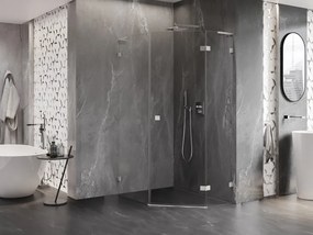 Mexen Lunar, L pravý výklopný päťuholníkový sprchový kút 90x100 cm, 8mm číre sklo, oceľový profil, 831L-090P-100L-97-00-P