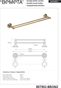 Bemeta Design RETRO bronz: Držiak uterákov, 600 mm, dvojitý - 144104057