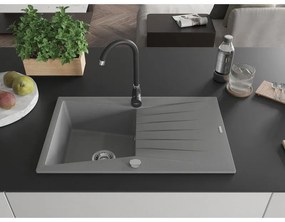 Mexen Cesar, granitový drez 775x470x190 mm, 1-komorový, šedá s chrómovým sifónom a čierna drezová batéria Telma, 6514-71-670200-70