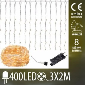 Vianočná led svetelná mikro záclona vonkajšia - záves + programator - 400led - 3x2m teplá biela