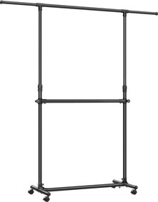 Dvojitý vešiak na oblečenie, nastaviteľná horná tyč, s kolieskami, 113-180 cm, čierny