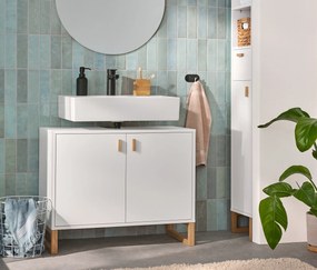 Vysoká kúpeľňová skrinka s otvorenou poličkou, zásuvkou a dvierkami, úzka