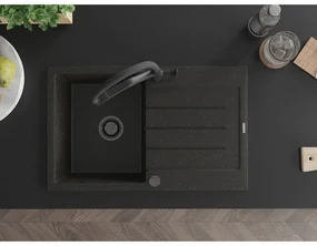 Mexen Bruno, 1-komorový granitový drez 795x495x200 mm a drezová batéria Duo, čierna-zlatá metalíza, 6513-75-671701-70-B