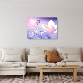 Sklenený obraz - Motýľ prilietajúci na kvet (70x50 cm)