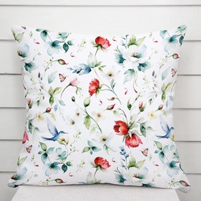 Biante Dekoračná obliečka na vankúš TF-116 Akvarelové kvety s kolibríkmi na bielom 40 x 40 cm