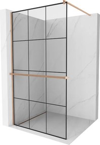 Mexen Kioto+, sprchová zástena Walk-In s poličkou a vešiakom 120 x 200 cm, 8mm číre sklo čierny vzor, medený matný profil, 800-120-121-65-77