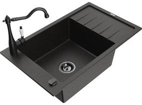 Mexen Elias, granitový drez 795x480x200 mm, 1-komorový a drezová batéria Carla, čierna-zlatá metalíza, 6511-75-670700-70-B