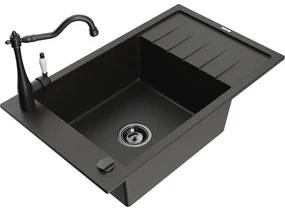 Mexen Elias, granitový drez 795x480x200 mm, 1-komorový a drezová batéria Carla, čierna-zlatá metalíza, 6511-75-670700-70-B