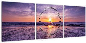 Obraz pláže - západ slnka (s hodinami) (90x30 cm)