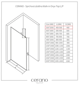 CERANO - Sprchová zástena Walk-in Onyx Top L/P - guľatá vzpera - čierna matná, transparentné sklo - 50x200 cm, CER-CER-8050BD1692