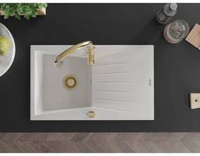 Mexen Cesar, 1-komorový granitový drez 775x470x190 mm a drezová batéria Savita, biela, 6514-20-672601-50