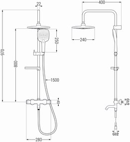 Mexen KX17 sprchový set s hornou hlavicou  25 cm, s termostatickou vaňovou batériou Kai, chrómová-biela, 779001791-02