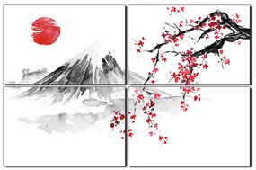 Obraz na plátne - Tradičné sumi-e obraz: sakura, slnko a hory 1271E (120x80 cm)