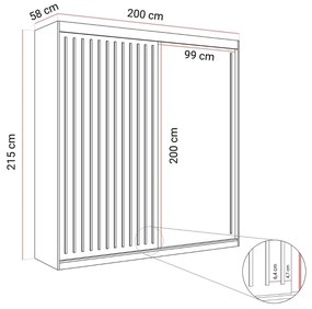 ŠATNÍKOVÁ SKRIŇA S POSUVNÝMI DVERAMI CYNTIA BIELA + ZLATÉ LIŠTY 200 cm
