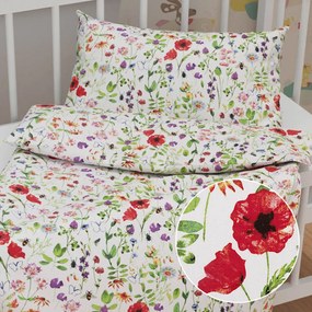 Biante Detské bavlnené posteľné obliečky do postieľky Sandra SA-608 Červeno-fialové lúčne kvety s motýlikmi a čmeliakmi na bielom Do postieľky 90x140 a 40x60 cm