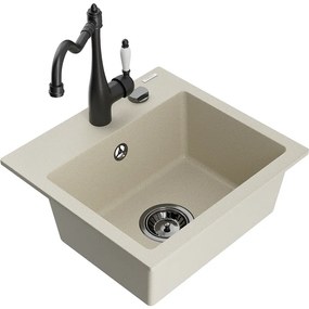 Mexen Milo, granitový drez 435x410x171 mm, 1-komorový a drezová batéria Carla, béžová, 6505-69-670700-70