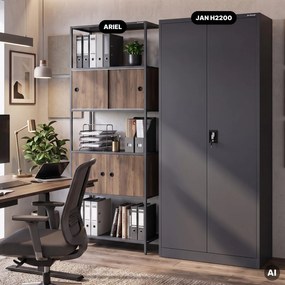 Regál na šanóny s uzamykateľnou skrinkou, kancelársky, otvorené police, kovový antracitový/orech, 800x2200x400 mm: ARIEL Eco Design