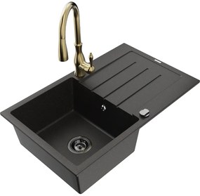 Mexen Bruno, 1-komorový granitový drez 795x495x200 mm a drezová batéria Savita, čierna-zlatá metalíza, 6513-75-672601-50-B
