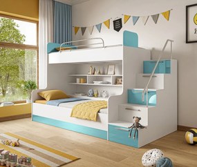DETSKÁ POSCHODOVÁ POSTEĽ KLARA + SCHODY + POLICE SKRINKY BIELO / TYRKYSOVÁ