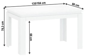 Tempo Kondela Rozkladací stôl, biela, 135-184x86 cm, LINDY