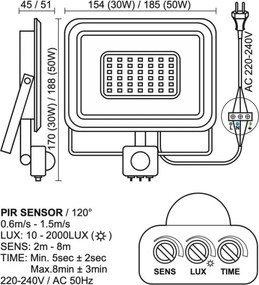 LED Vonkajší reflektor so senzorom LED/50W/230V 4000K IP44 čierna