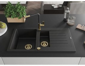 Mexen Matias, 1,5-komorový granitový drez 900x505x200 mm a drezová batéria Flora, čierna, 6502-77-670401-57-G