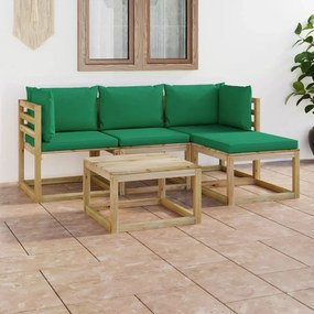 vidaXL 5-dielna záhradná sedacia súprava, zelené podložky