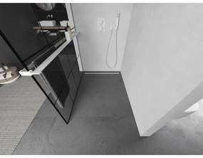 Mexen Kioto+, sprchová zástena Walk-In s poličkou a vešiakom 140 x 200 cm, 8mm číre sklo čierny vzor, biely profil, 800-140-121-20-77