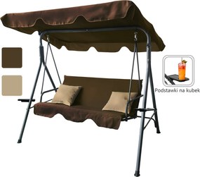 CH ZÁHRADNÁ HOJDAČKA TYPU A 170 x 118 x 153 cm HNEDÁ S BEŽOVÝMI VANKÚŠIKMI A DRŽIAKMI NA POHÁRE