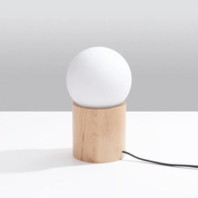 Stolná lampa Boomo, 1x biele sklenené tienidlo, drevo