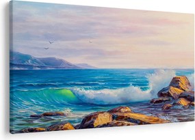 Obraz vĺn narážajúcich na útesy, olejomaľba (90x60 cm)