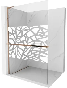 Mexen Kioto+ L, sprchová zástena Walk-In s poličkou a vešiakom 90 x 200 cm, 8mm číre sklo biely vzor, ružové zlato profil, 800-090-123-60-85