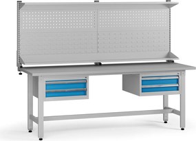 Výškovo nastaviteľný dielenský stôl G5 s nadstavbou, 2100 x 750 x 800-1000 mm, 2x kontajner, 4 zásuvky, modrá