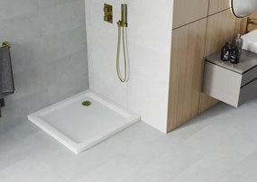 Mexen SLIM - Štvorcová sprchová vanička 80x80x5cm + zlatý sifón, biela, 40108080G