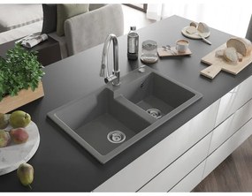Mexen Tomas, 2-komorový granitový drez 800x500x190 mm a drezová batéria Elia, šedá, 6516-71-670101-00