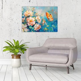 Sklenený obraz - Motýľ a kvety, olejomaľba II. (70x50 cm)