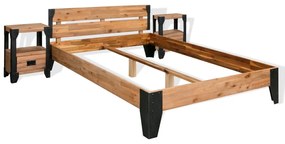 vidaXL Rám postele s 2 nočnými stolíkmi, akáciové drevo, oceľ, 140x200 cm
