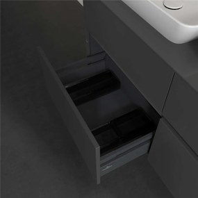 VILLEROY &amp; BOCH Collaro závesná skrinka pod dve umývadlá na dosku, 4 zásuvky, s LED osvetlením, 1200 x 500 x 548 mm, Glossy Grey, C115B0FP