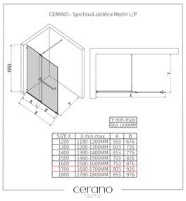 Cerano Medin, 2-dielna posuvná sprchová zástena 170x195, 8mm číre sklo, čierna matná, CER-CER-478024