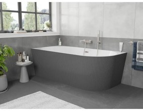 Mexen Silo, rohová voľne stojaca ryhovaná vaňa, ľavá, 150 x 75 cm, biela-šedá, oceľový prepad, 52891507562L-97