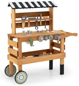 Drevený kočík a pracovný stôl 2 v 1, herný pracovný stôl s realistickým náradím, prírodný